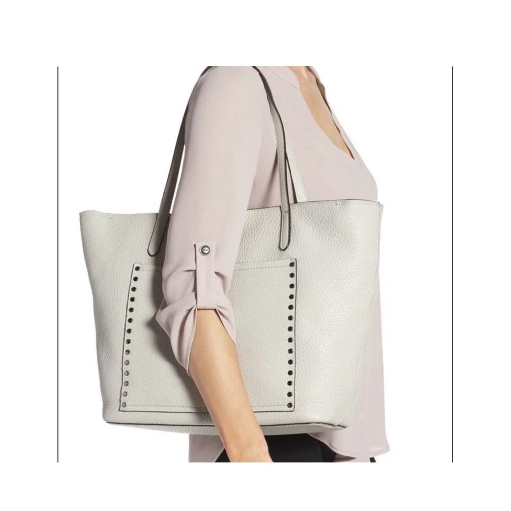 REBECCA MINKOFF LARGE UNLINED FRONT POCKET STUDDED‎ TOTE LEATHER GRAY PURSE